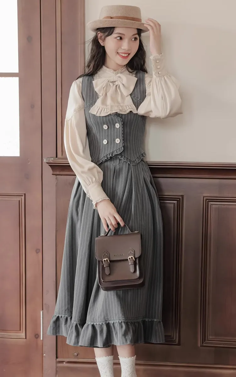 Victoria Stripe Midi Skirt (Gray)
