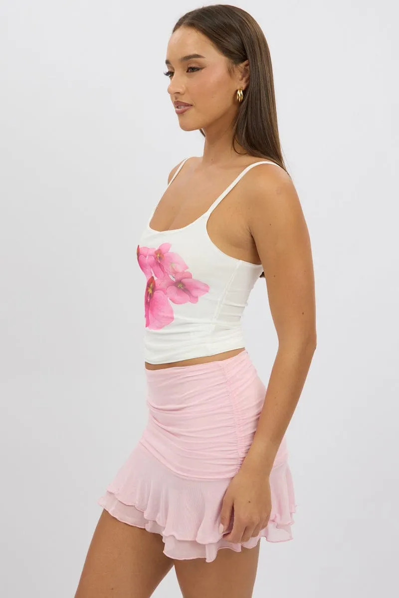 White Floral Singlet Top Mesh