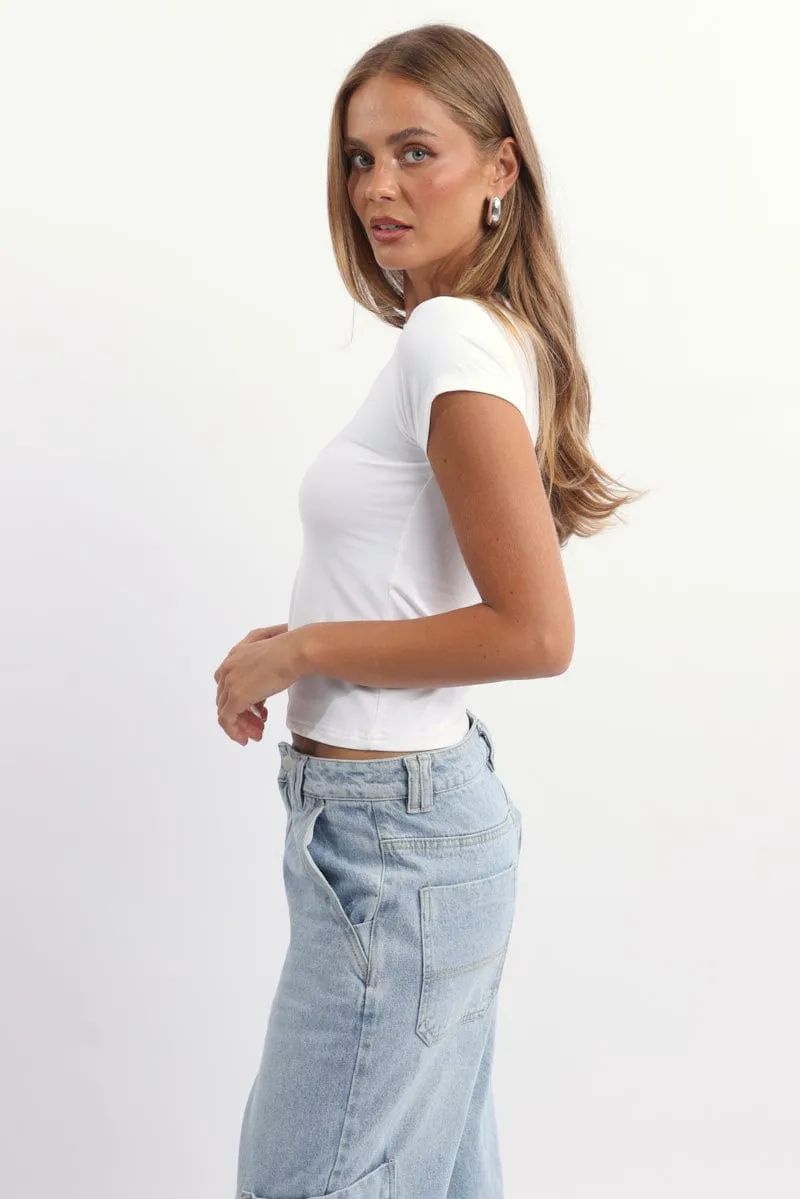White T-Shirt Short Sleeve Crew Neck Long Line