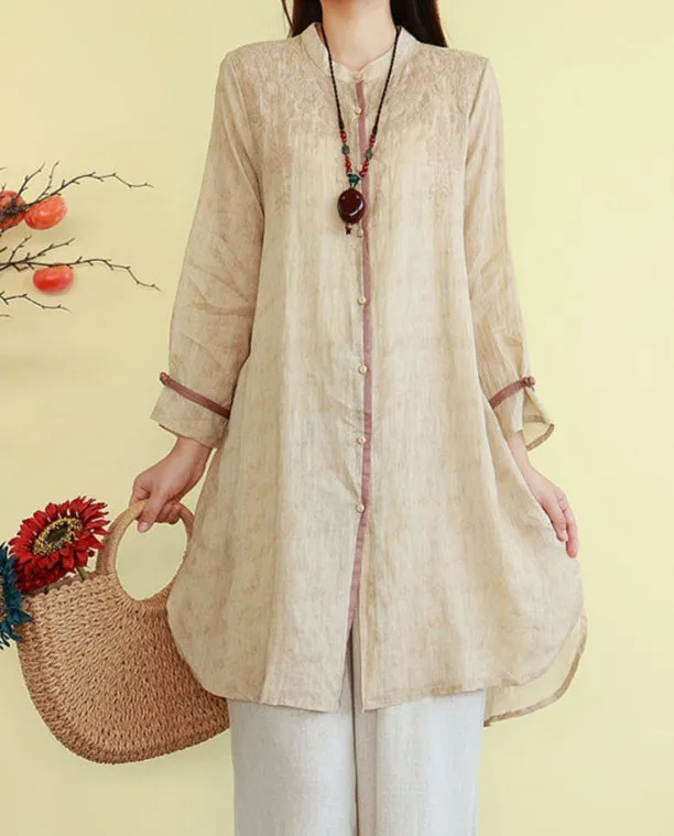 Women Spring Embroidered Loose Cotton Linen Mid-Length Shirt