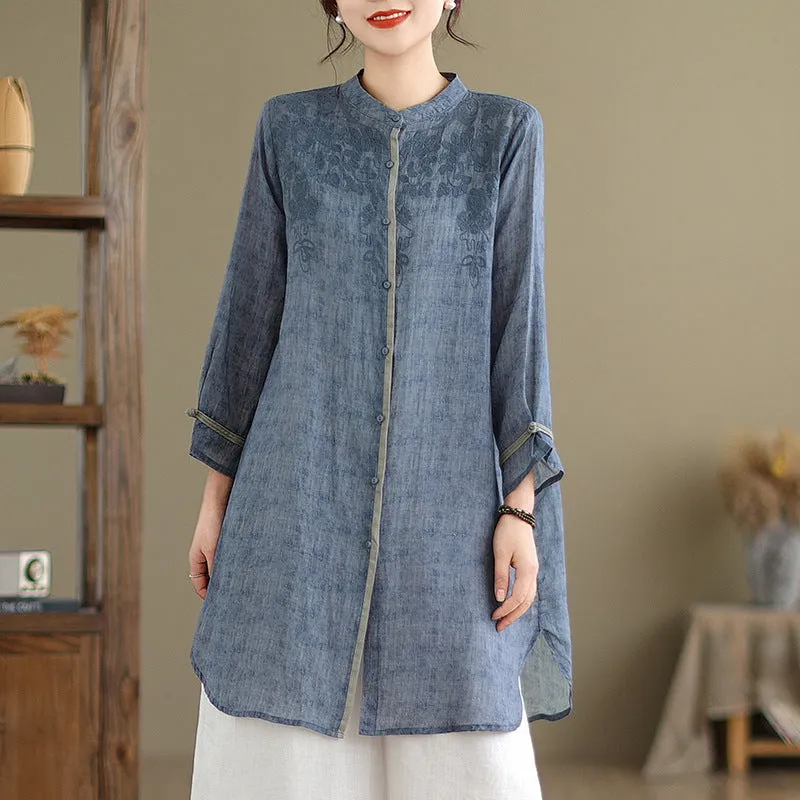 Women Spring Embroidered Loose Cotton Linen Mid-Length Shirt