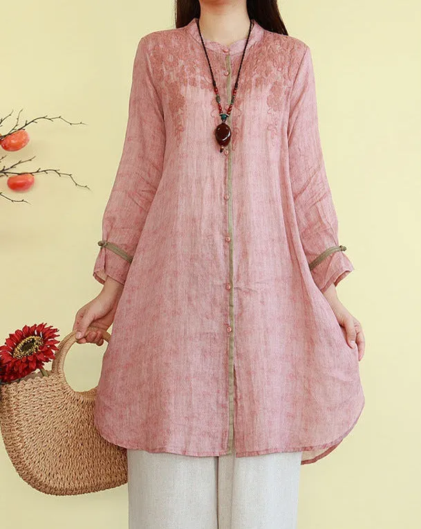 Women Spring Embroidered Loose Cotton Linen Mid-Length Shirt