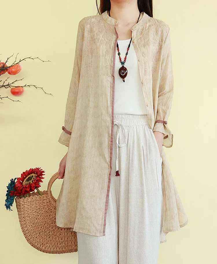 Women Spring Embroidered Loose Cotton Linen Mid-Length Shirt