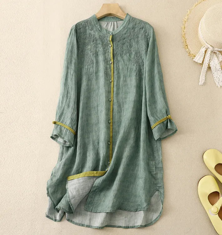 Women Spring Embroidered Loose Cotton Linen Mid-Length Shirt