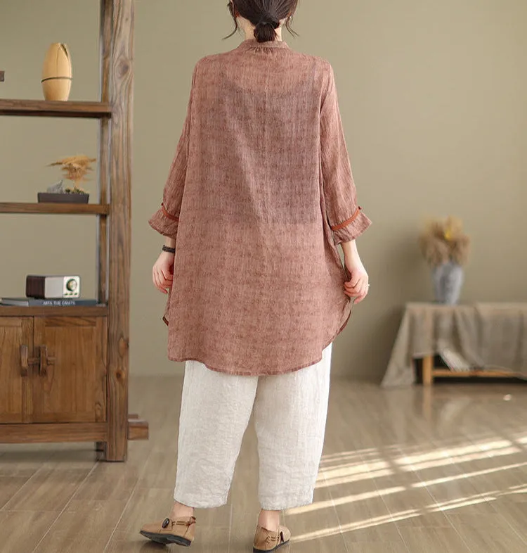 Women Spring Embroidered Loose Cotton Linen Mid-Length Shirt