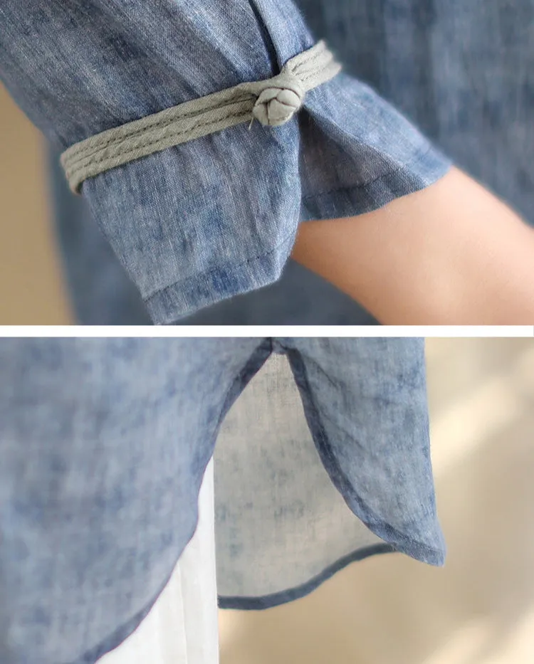 Women Spring Embroidered Loose Cotton Linen Mid-Length Shirt
