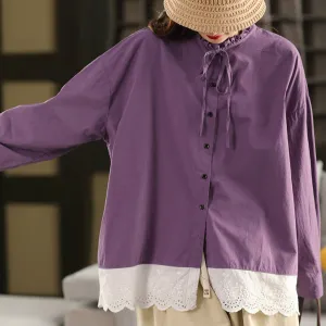 Women Spring Retro Cotton Embroidered Patchwork Shirt