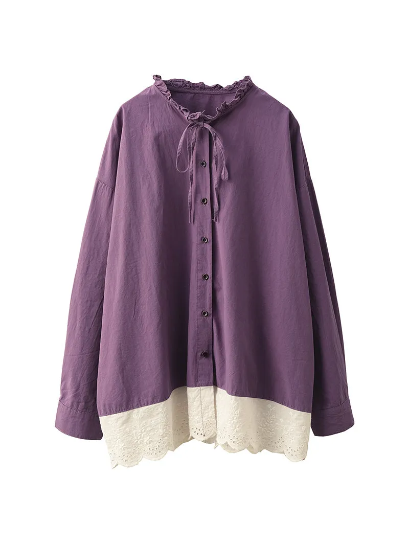 Women Spring Retro Cotton Embroidered Patchwork Shirt