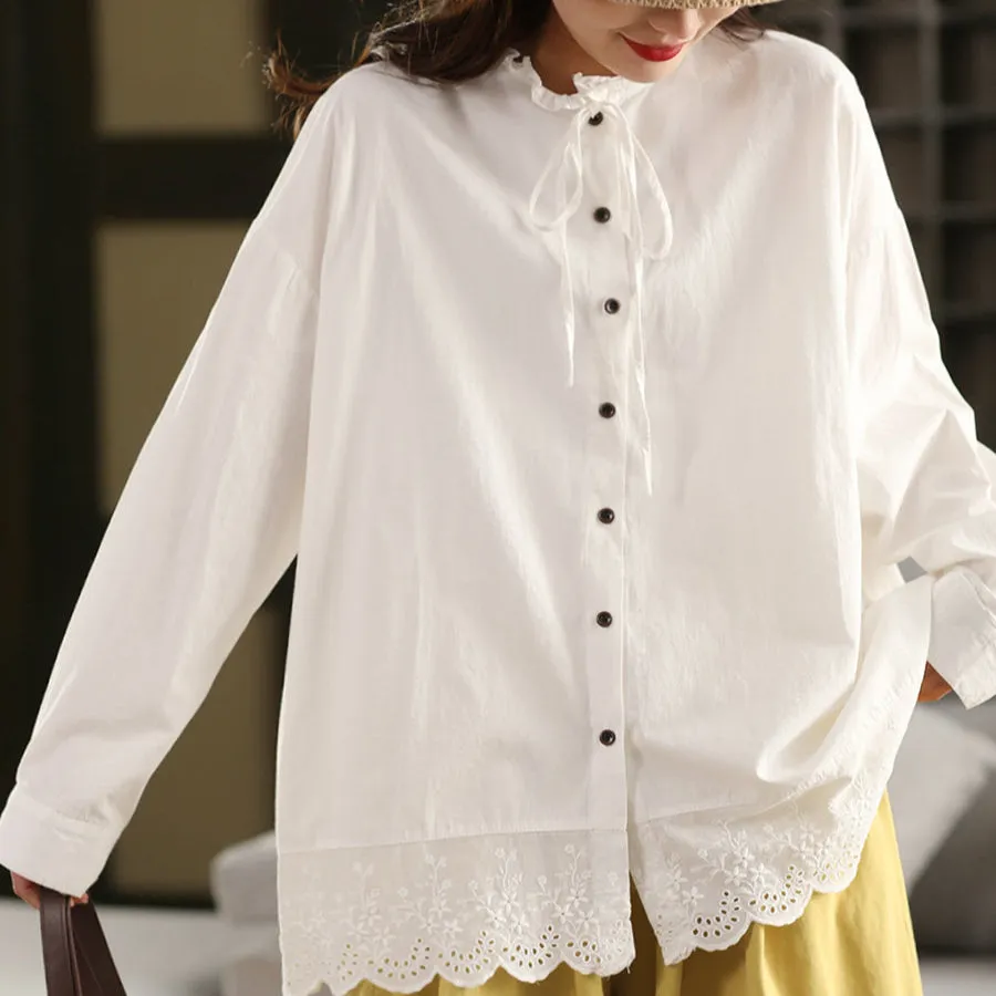 Women Spring Retro Cotton Embroidered Patchwork Shirt